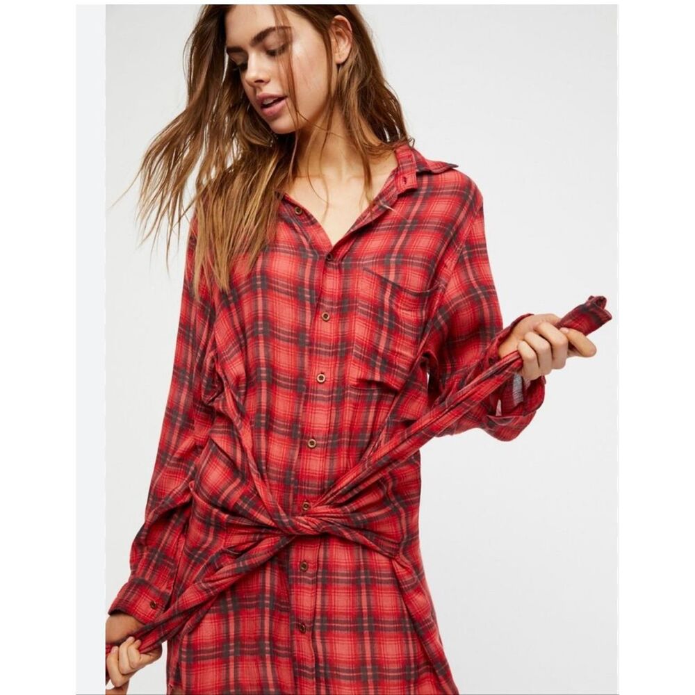 Free People FP One Grunge Mini Dress Long Sleeve Plaid Button Front Size L